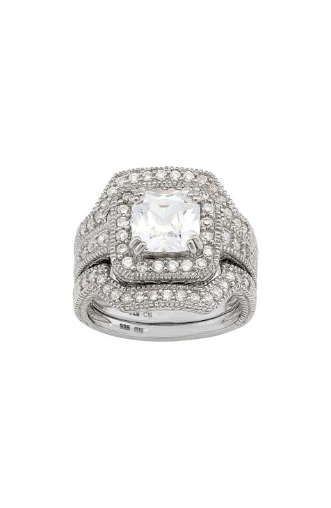Juego de 2 anillos de novia de plata de ley con circonitas cúbicas