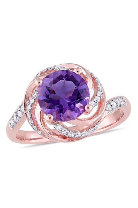 Anillo Halo de Amatista, Topacio Blanco y Diamante en Plata de Ley Chapada en Oro Rosa