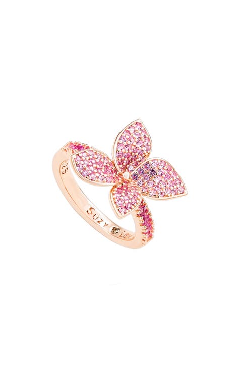 Anillo Flor de zafiro rosa con acento de diamantes