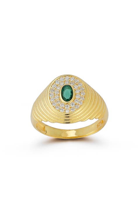 Anillo cúpula acanalado CZ de plata de ley chapada en oro de 14 quilates