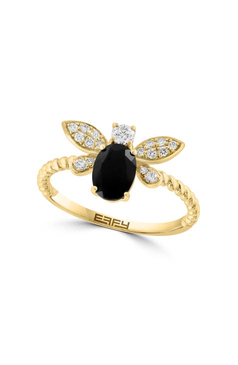 Anillo Abeja Diamante y Ónix Oro Amarillo 14K - 0.24ct.