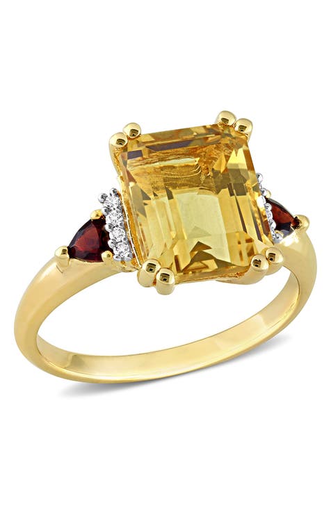 Anillo de citrino, granate y diamante - 0,04 ctw.