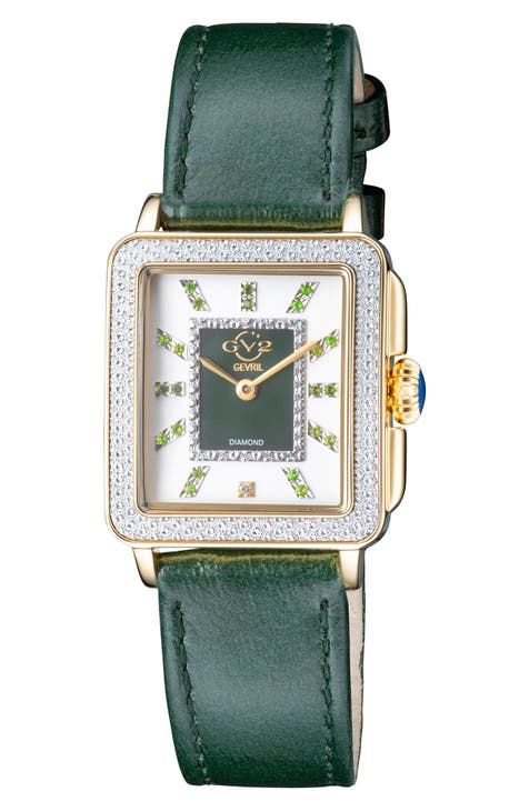 GEVRIL Reloj cuadrado de mujer con correa de piel con piedras preciosas Padova, 27 mm x 30 mm - 0,0116 ctw