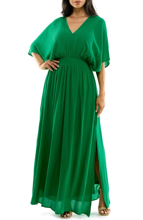 Vestido largo con cuello en V y cintura fruncida