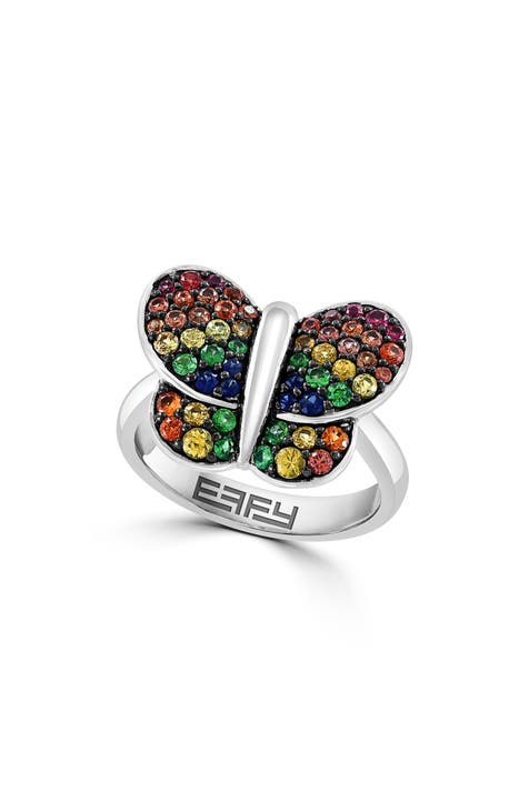 Anillo mariposa zafiro y tsavorita con pavé de plata de ley