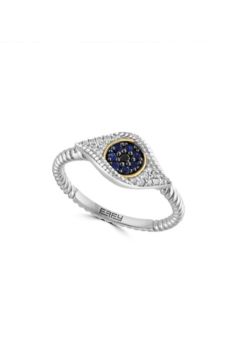 Anillo de plata de ley y oro de 18 quilates con diamantes y zafiro Mal de Ojo - 0,11 ct.