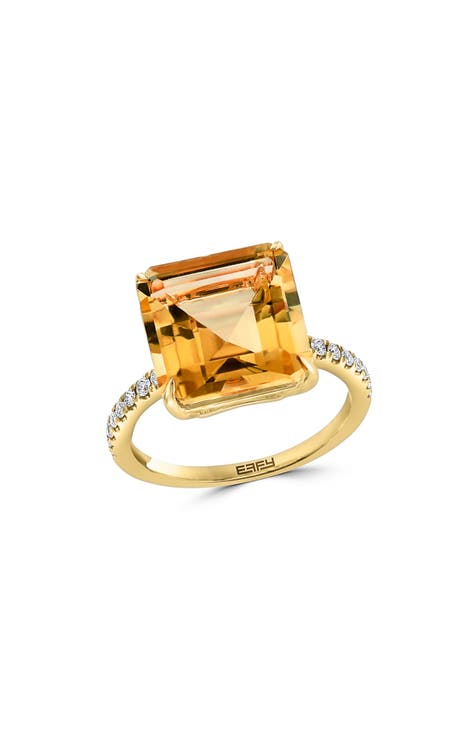 Anillo de Oro Amarillo de 14K con Citrino y Pavé de Diamantes