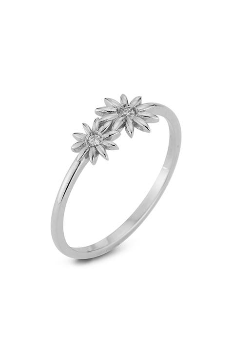 Anillo Flor Oro Blanco 14K y Diamantes - 0.05 ctw