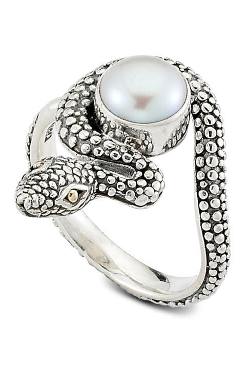 Anillo serpiente de plata de ley y oro amarillo de 18 quilates con perla blanca de agua dulce de 9 mm