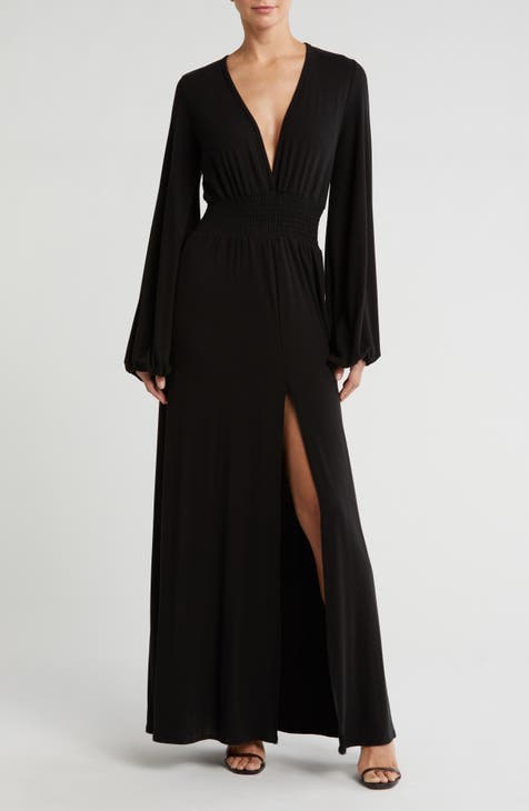 Vestido largo floral de manga larga con cuello pronunciado