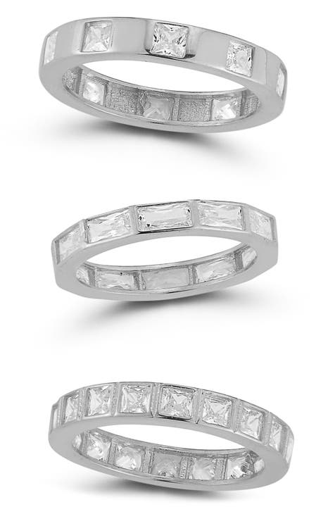 Juego de 3 anillos de plata de ley rodiada con circonitas cúbicas