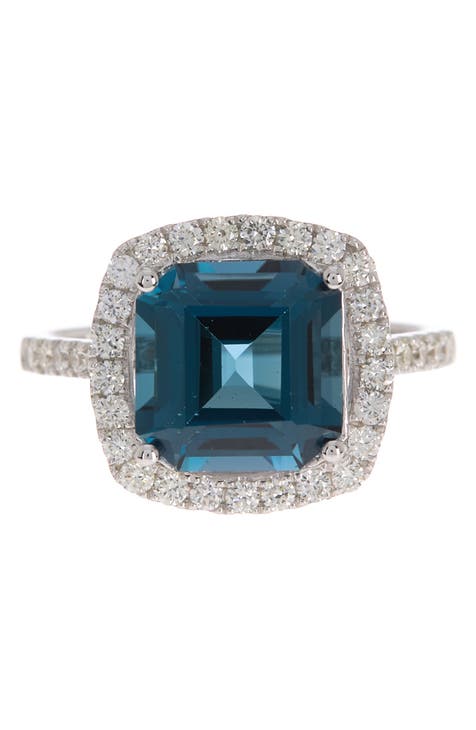 Anillo de oro blanco de 14 quilates con diamantes y topacio azul de Londres de corte Asscher