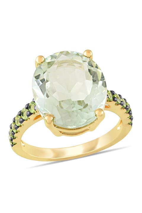 Anillo de Plata de Ley Chapado en Oro Amarillo Pavé de Prasiolita Verde Peridoto