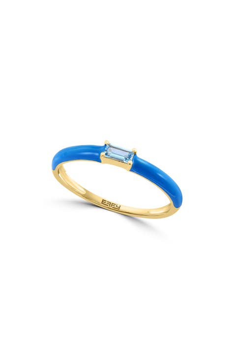Anillo apilable de oro amarillo de 14 quilates y topacio azul esmaltado