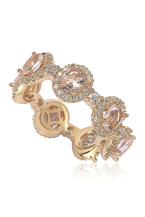 Anillo eterno de plata de ley rosa con circonitas engastadas y halo de pavé