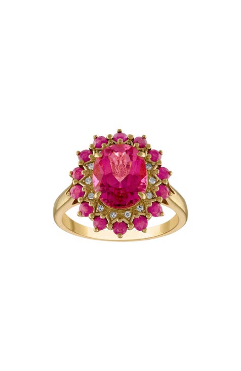 Anillo de oro de 14 quilates sobre plata topacio rosa, rubí y diamante