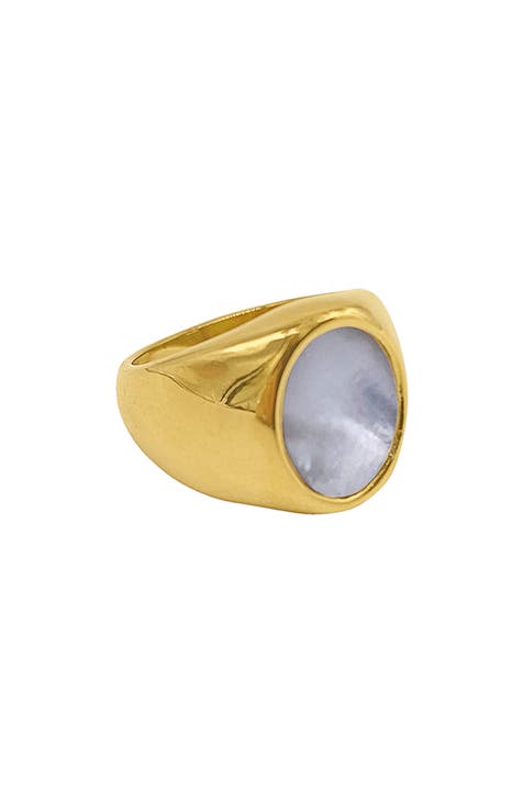 Anillo de sello de nácar de acero inoxidable chapado en oro amarillo de 14 quilates