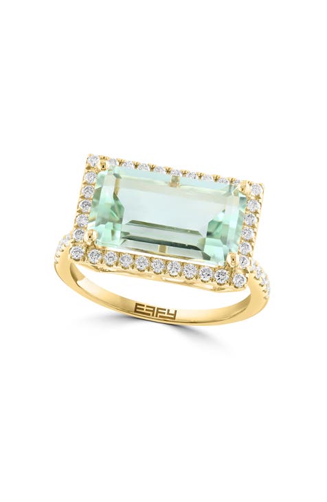 Anillo de oro amarillo de 14 quilates con halo de diamantes de cuarzo verde talla esmeralda - 0,43 ct.