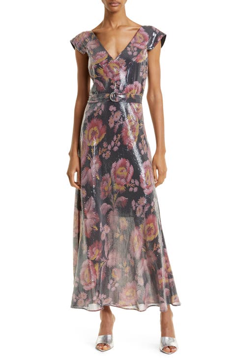 Vestido midi con corte al bies y lentejuelas florales Ninia