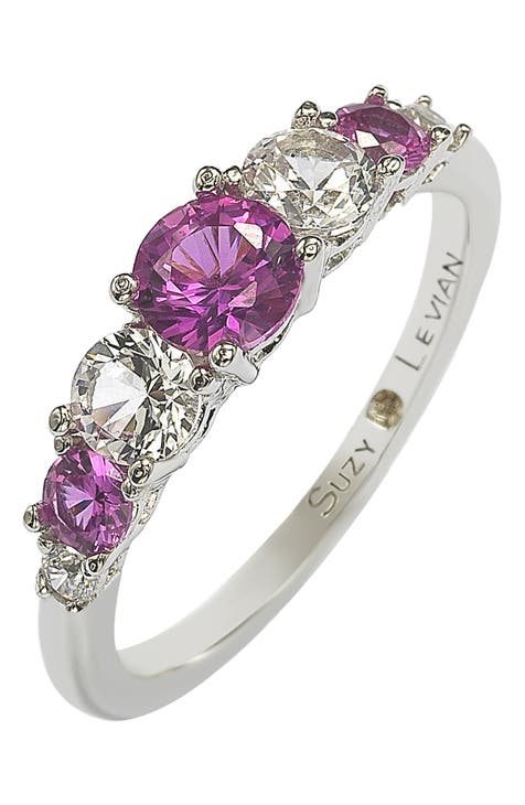 Anillo de 7 piedras de zafiro rosa y diamante de plata de ley - 1,75 ctw