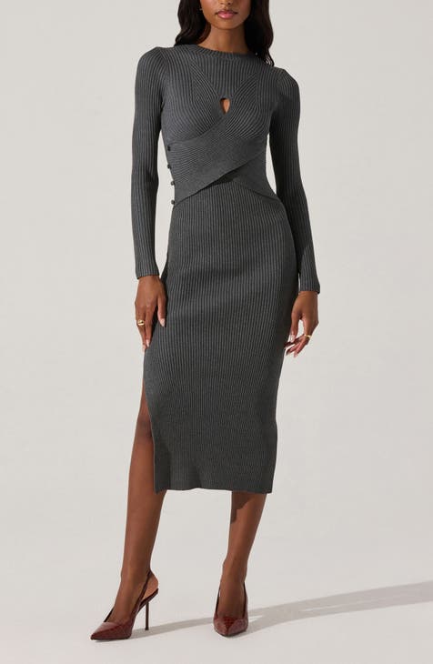 Vestido estilo suéter de canalé con botones laterales y manga larga