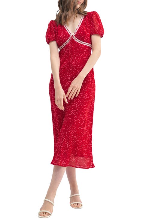 Vestido midi con cintura imperial y mangas abullonadas con ribete de encaje