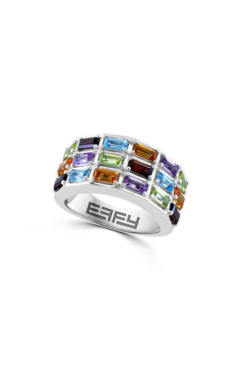 Anillo de Plata de Ley Baguette con Piedras Semipreciosas