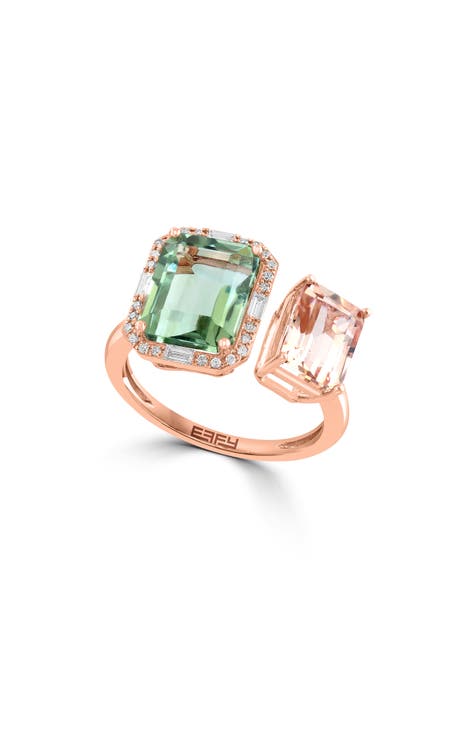 Anillo de oro rosa de 14 quilates con halo de diamantes, cuarzo verde y morganita - 0,16 ct.