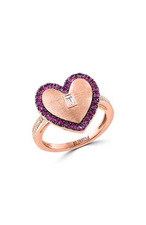 Anillo Corazón Diamante y Rubí Oro Rosa 14K