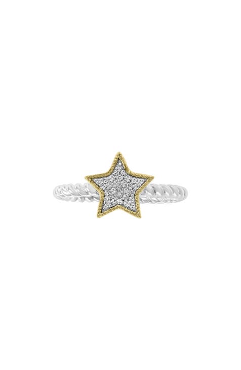 Anillo estrella pavé de diamantes en oro amarillo de 14 quilates y plata de ley - 0,09 ct.
