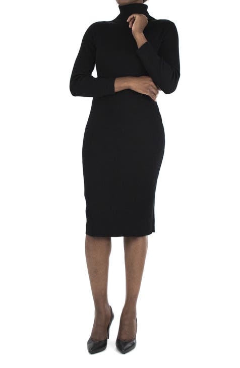 Vestido estilo suéter midi de canalé con cuello alto