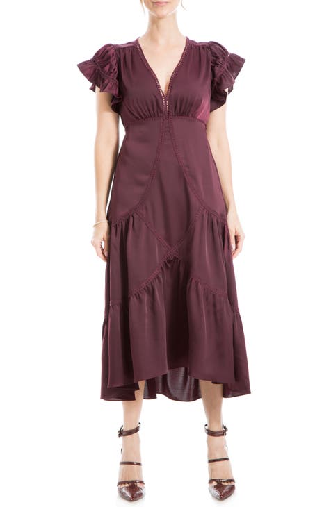 Vestido midi de satén con mangas acampanadas