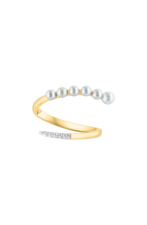 Anillo de oro de 14 quilates con diamantes y perlas de agua dulce de 2,5-3 mm