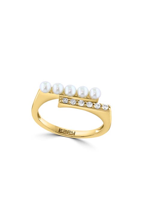 Anillo de doble fila de diamantes y perlas de agua dulce