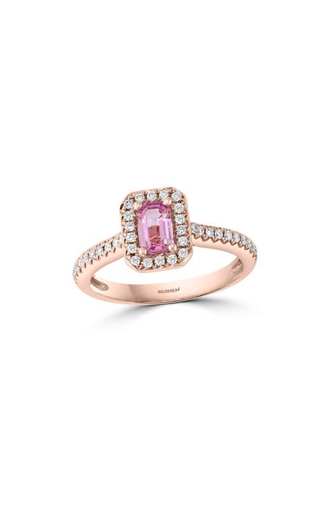 Anillo Halo de Zafiro Rosa y Diamante de Oro Rosa de 14K - 0,28ct.