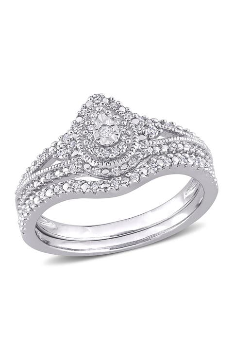 Juego de 2 anillos de novia con halo de diamantes de plata de ley - 0,23 ct.