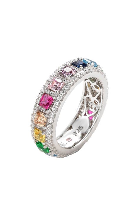 Anillo de eternidad con circonita arco iris de corte Asscher