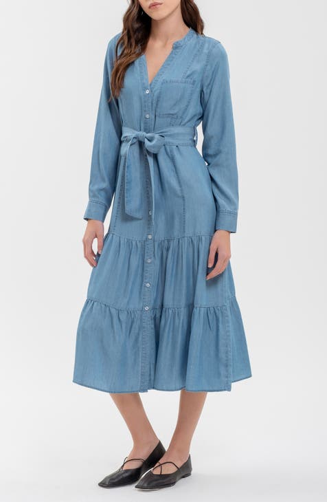 Vestido midi denim con lazo delantero