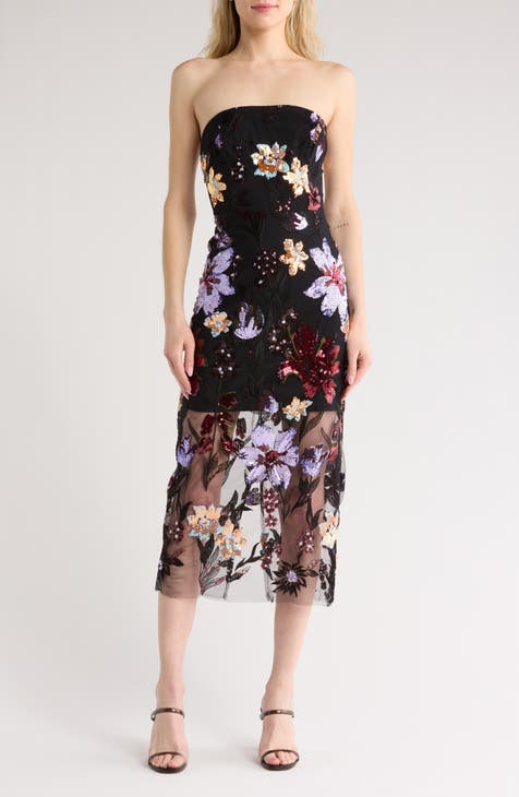 Vestido floral con lentejuelas sin tirantes