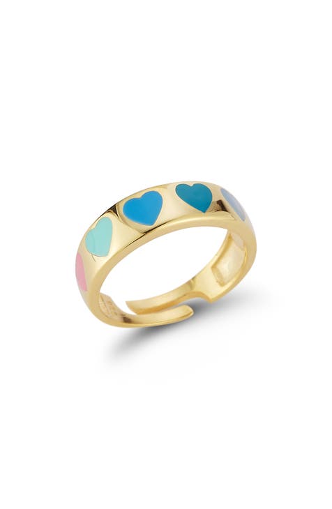 Anillo Corazón Esmaltado Ajustable Chapado en Oro de 14K