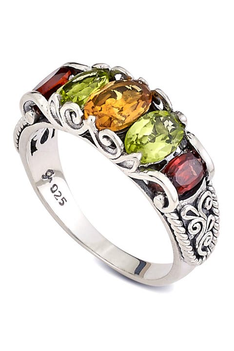 Anillo Corona de Plata de Ley Citrino, Peridoto y Granate