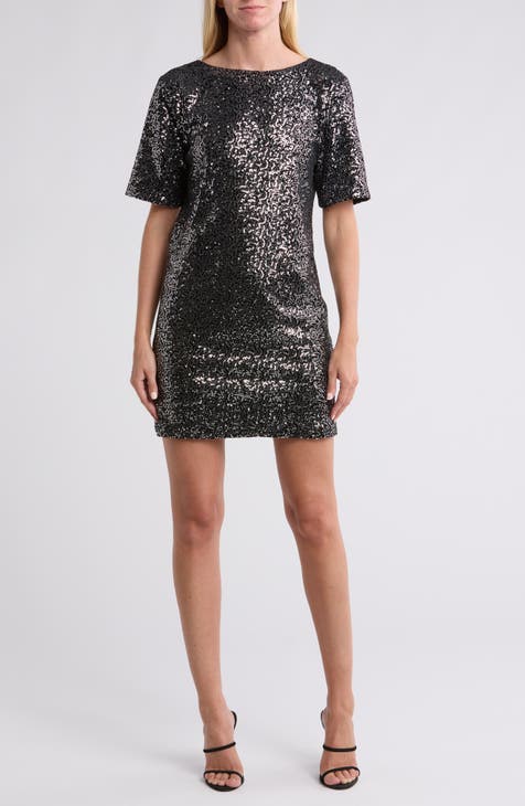 Vestido de cóctel de corte A con lentejuelas y manga hasta el codo