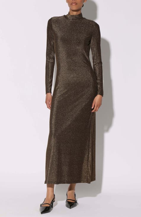 Vestido largo metalizado de manga larga Ella