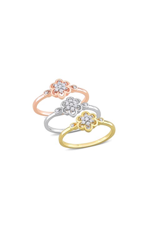 Juego De 3 Anillos De Diamantes Florales - 0.24ct.