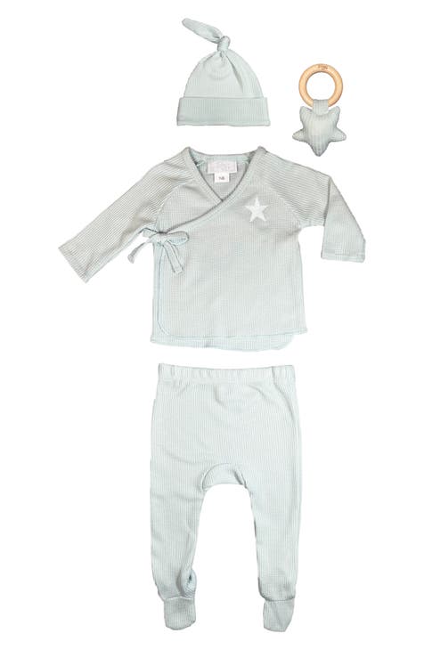 Top de punto waffle, pantalones con pies, conjunto de gorro y sonajero (bebé)