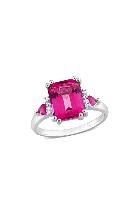 Anillo de plata de ley con topacio rosa y diamantes talla esmeralda