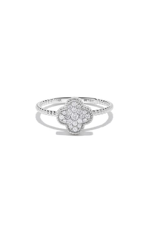 Anillo Pavé Trébol Diamante Oro Blanco 14K - 0.18ct.