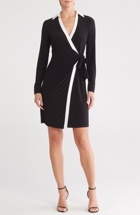 Vestido cruzado de punto de manga larga con ribetes