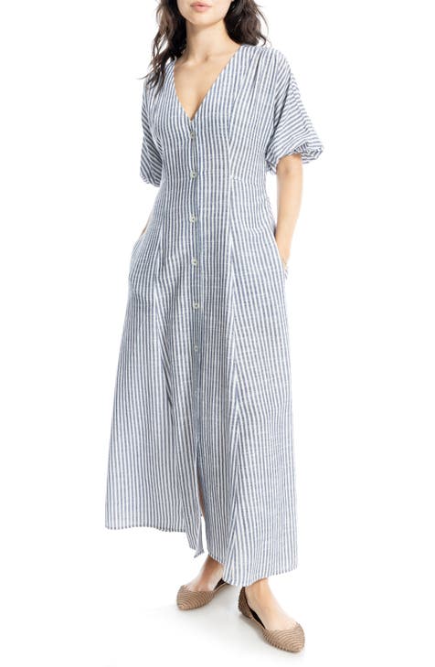 Vestido largo con botones en la parte delantera y manga corta abullonada