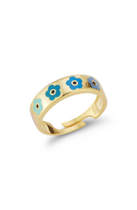 Anillo ajustable de flor esmaltada bañado en oro de 14 quilates